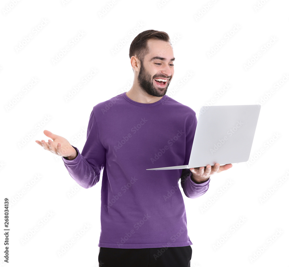 Man using laptop for video chat isolated on white Man using laptop for video chat isolated on white