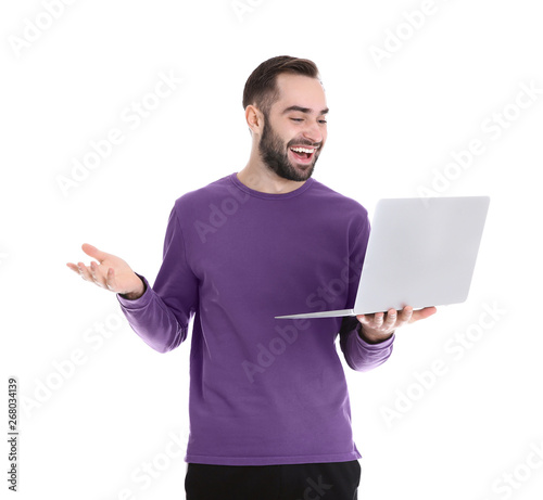 Man using laptop for video chat isolated on white