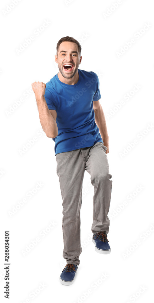 Fototapeta premium Full length portrait of emotional handsome man on white background