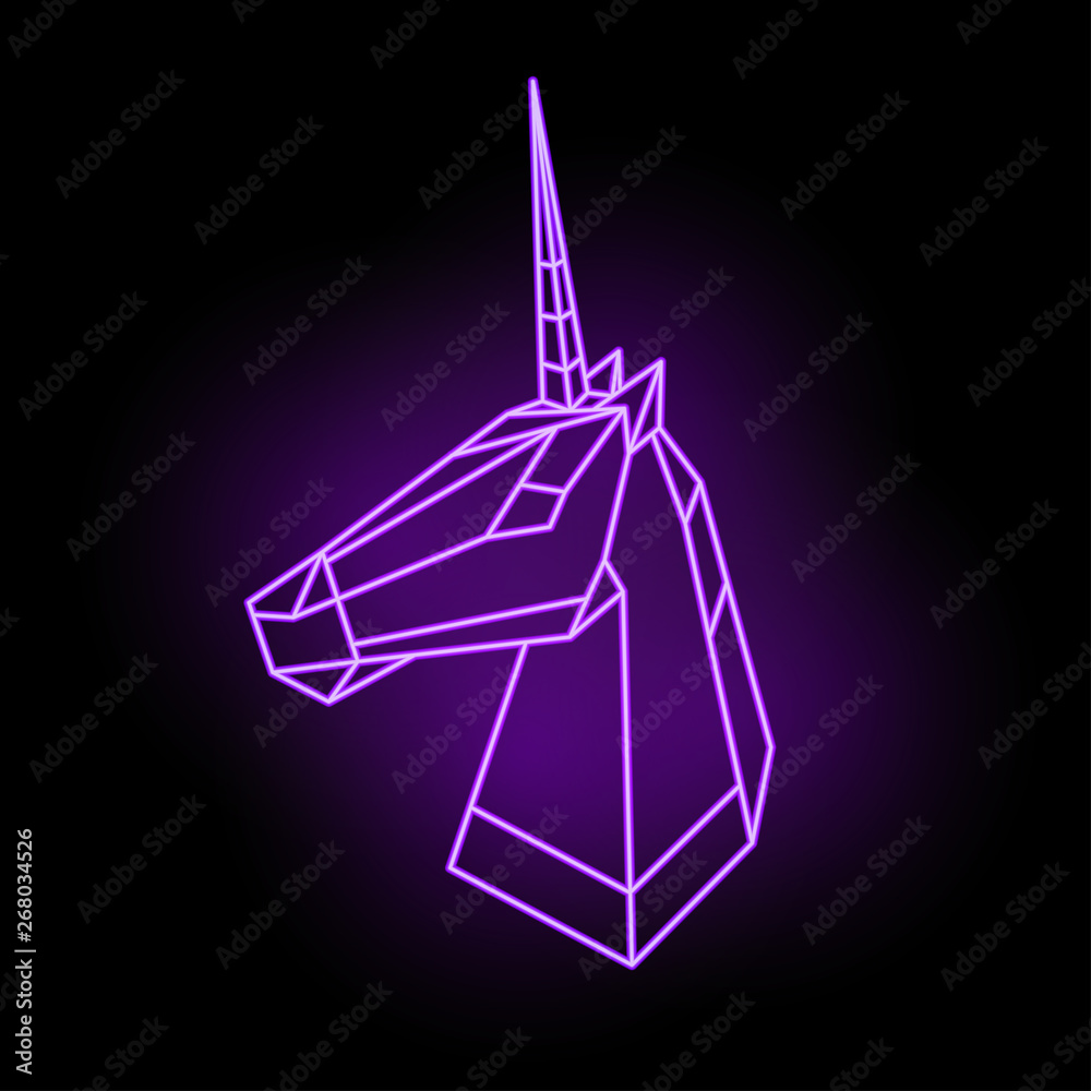 Purple neon unicorn head in geometric style Purple neon unicorn head in geometric style
