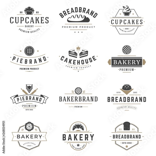 Bakery shop labels and badges design templates set vector, pastry food or bake house logos.