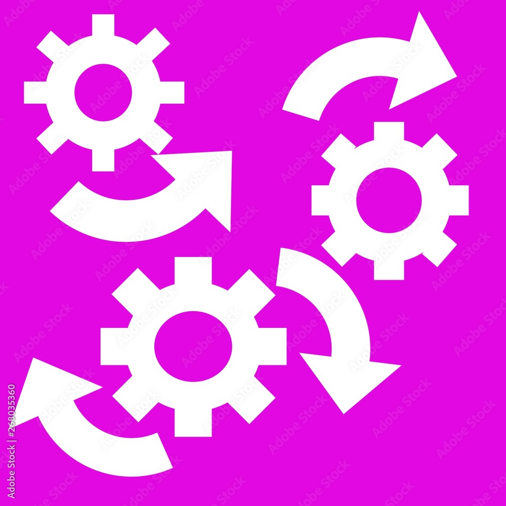 Bright neon purple background with graphic design of gears with arrows for input and output Bright neon purple background with graphic design of gears with arrows for input and output