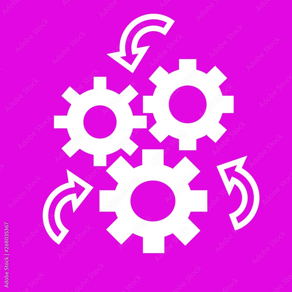 Bright neon purple background with graphic design of gears with arrows for input and output Bright neon purple background with graphic design of gears with arrows for input and output