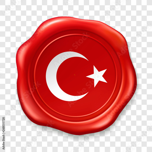 Turkish national flag with white star and moon. Glossy wax seal. Sealing wax old realistic stamp label on transparent background. Top view. Label. Vector illustration
