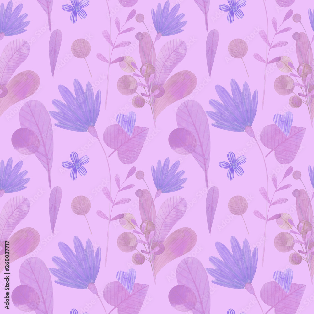 seamless pattern with cute watercolor illustration of stylized flowers.