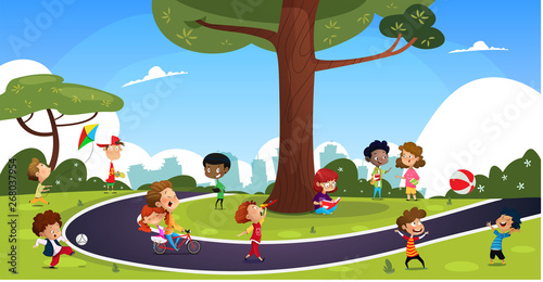 Many cartoon children play in the summer park.