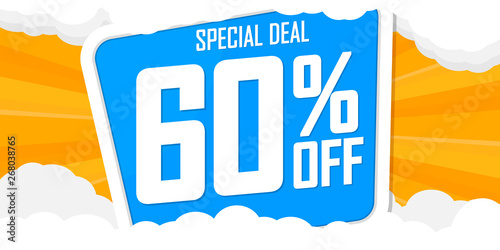 Summer Sale 60% off, special deal, horizontal poster design template, discount banner, vector illustration