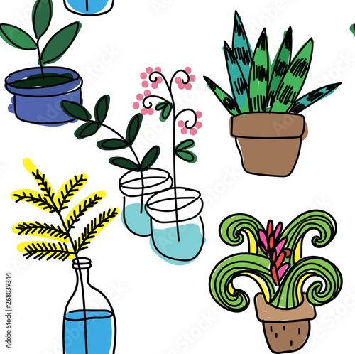 Seamless pattern with cactus . Flowers in pots. Simple vector illustration in a Scandinavian style .