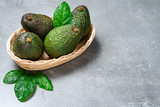 Avocado in basket of straw with leaves on gray background.