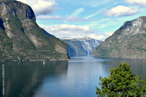 View of Norwegian Fjords in Flam from high ground on a summer and nice day