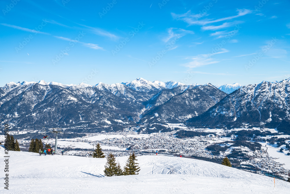 Panorama view of Austrian Alps in winter on top of Reutte cable car station