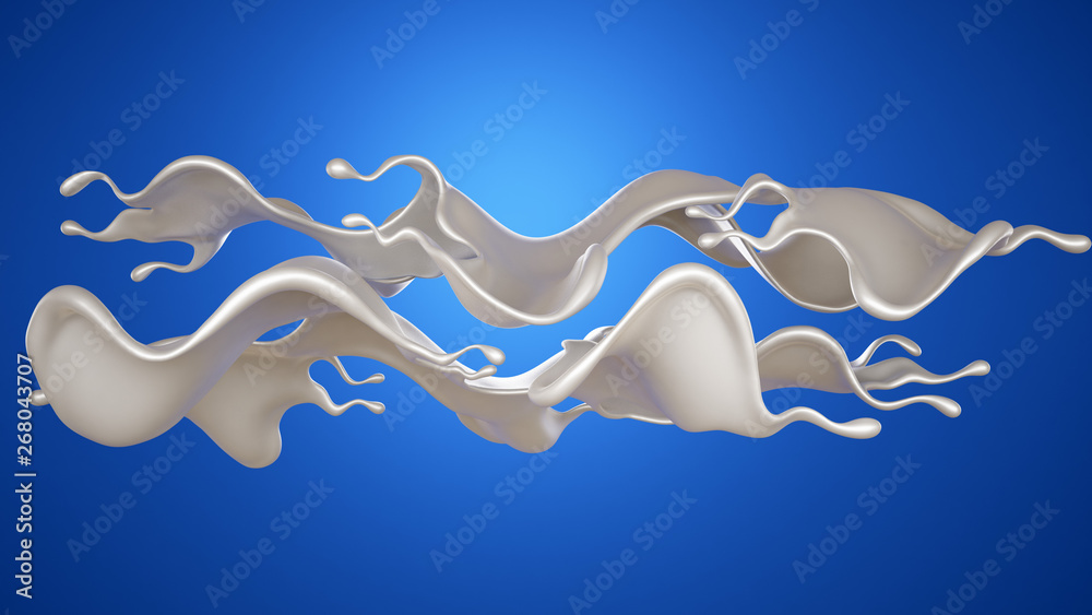 A splash of milk on a blue background. 3d illustration, 3d rendering. A splash of milk on a blue background. 3d illustration, 3d rendering.