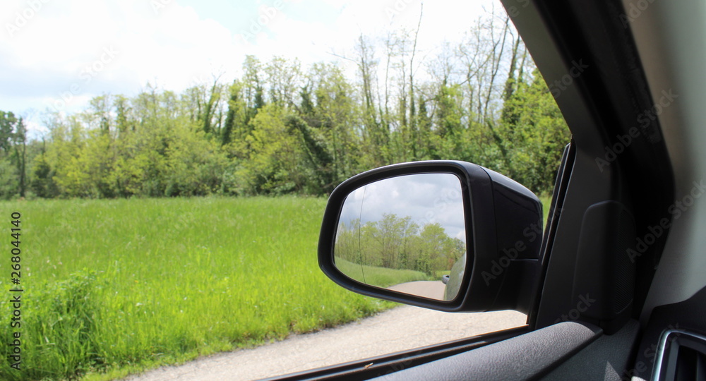 Specchio retrovisore dell'auto in campagna in primavera