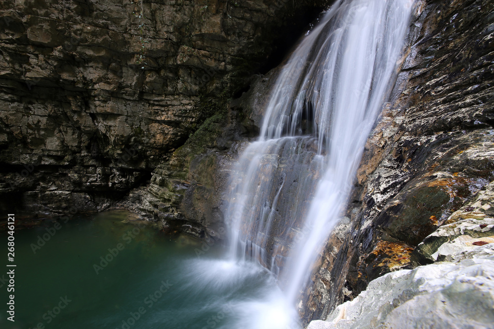 Fototapeta premium Caucasus. Waterfall in Tsebeldinsky gorge near the village Olginskoye.