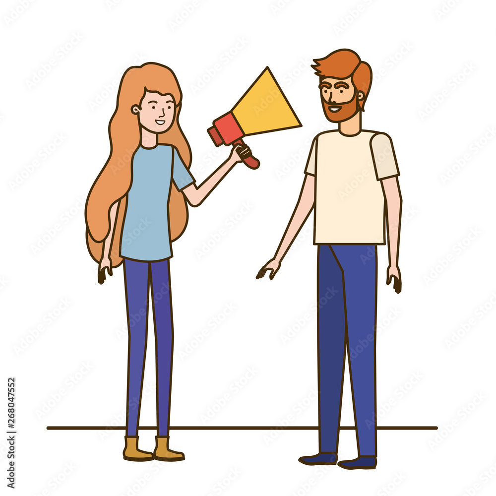 Fototapeta premium young couple in with megaphone in the hand