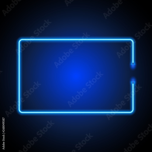 Blue neon rectangle frame on dark background, vector illustration.