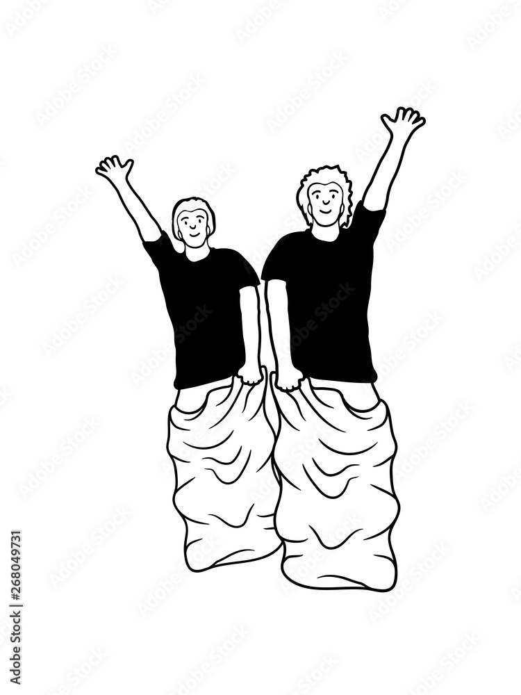 2 freunde sackhüpfen wettkampf team sack beutel sport kind spaß spiel