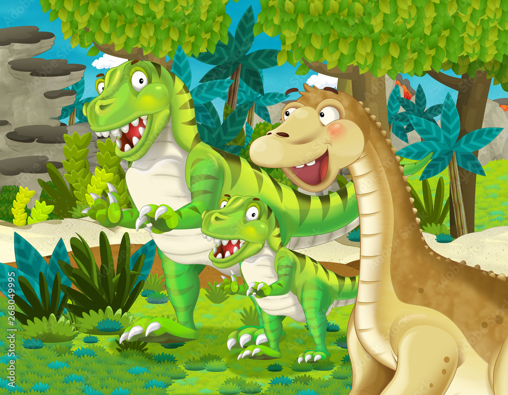 Naklejka scena kreskówki z dinozaurami dinozaurami diplodokus brontozaur z innym dinozauriem ze swoim dzieckiem w dżungli - ilustracja dla dzieci