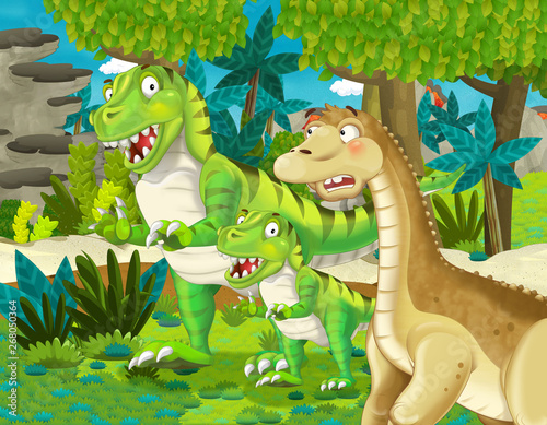 cartoon scene with dinosaur apatosaurus diplodocus brontosaurus with some other dinosaur with his or her child in the jungle - illustration for children © honeyflavour