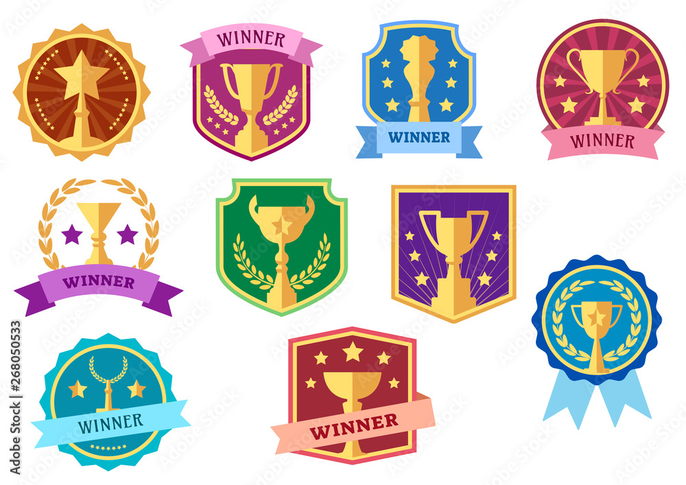 Award and cups, label, design logo, colorful vector icons