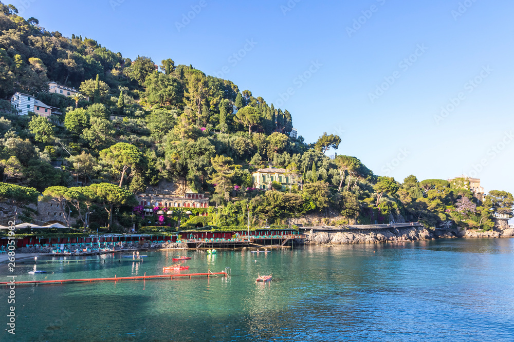 Beautiful natural view of the Bay of Paraggi in Santa Margherita Ligure, Mediterranean seacoat near luxury sea resort Portofino, Italy