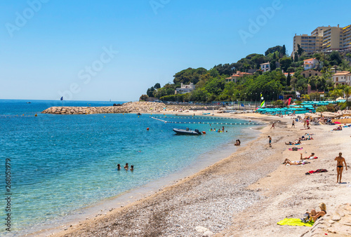 Fototapeta Naklejka Na Ścianę i Meble -  Plage Marquet Beach in Cap d'Ail town. Popular beach within a walking distance of the Monaco border