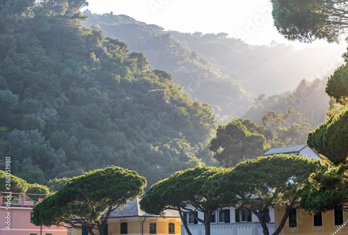 Sunset over Paraggi village in Santa Margherita Ligure on Mediterranean seacoast, Italy photo