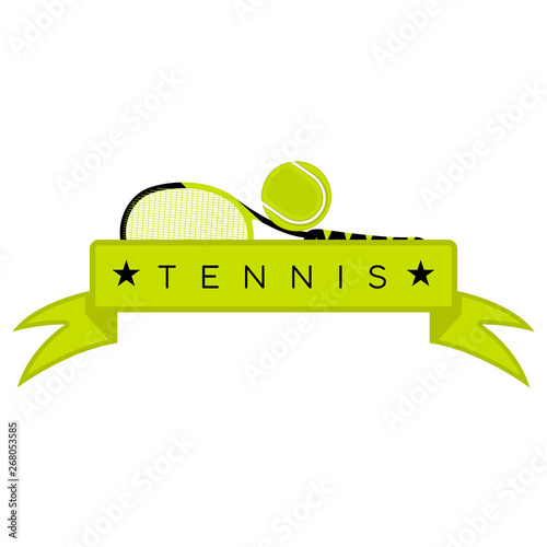 Tennis emblem with a racket, ball and a ribbon - Vector