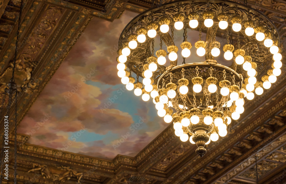 Chandeliers and ceiling  - New York Public Library on Fifth Avenue in Manhattan.