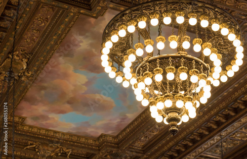 Chandeliers and ceiling  - New York Public Library on Fifth Avenue in Manhattan.