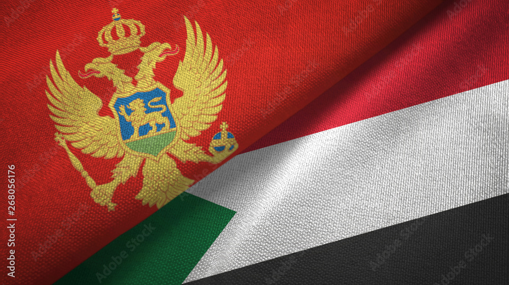 Fototapeta premium Montenegro and Sudan two flags textile cloth, fabric texture