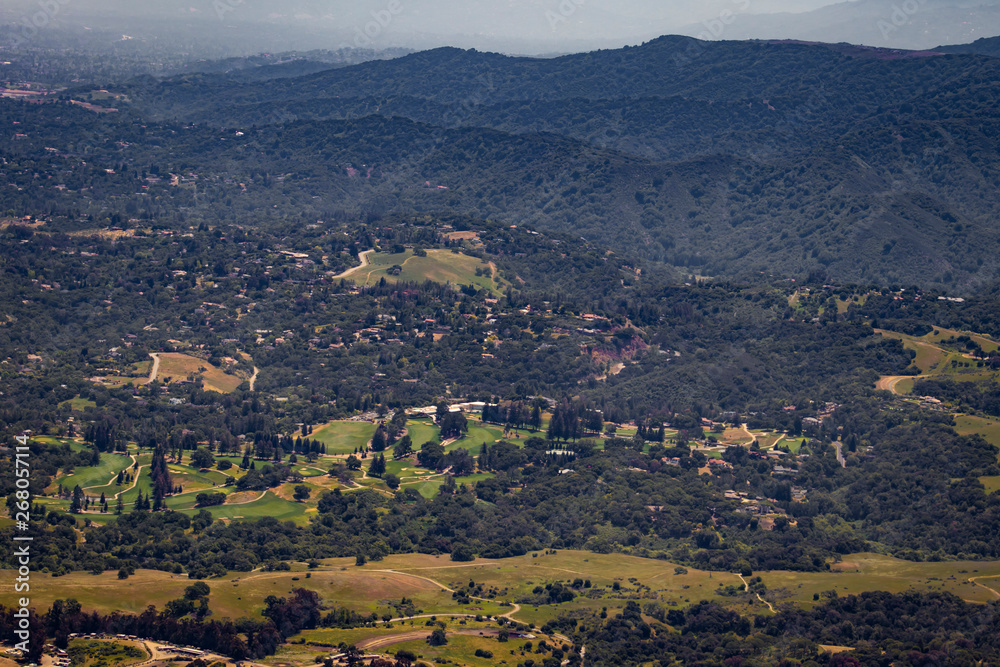 Aerial View of a Golf Course and Tree Lined Mountains in the Portola Valley outside of Silicon Valley, California, USA