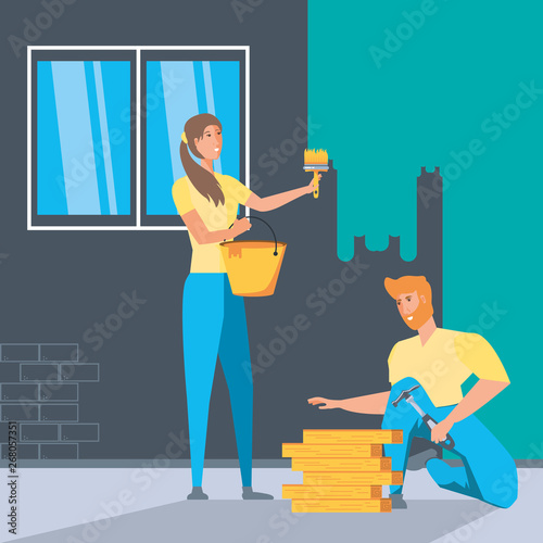 couple in interior of house under construction