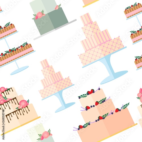 Wedding cakes seamless pattern on white background.