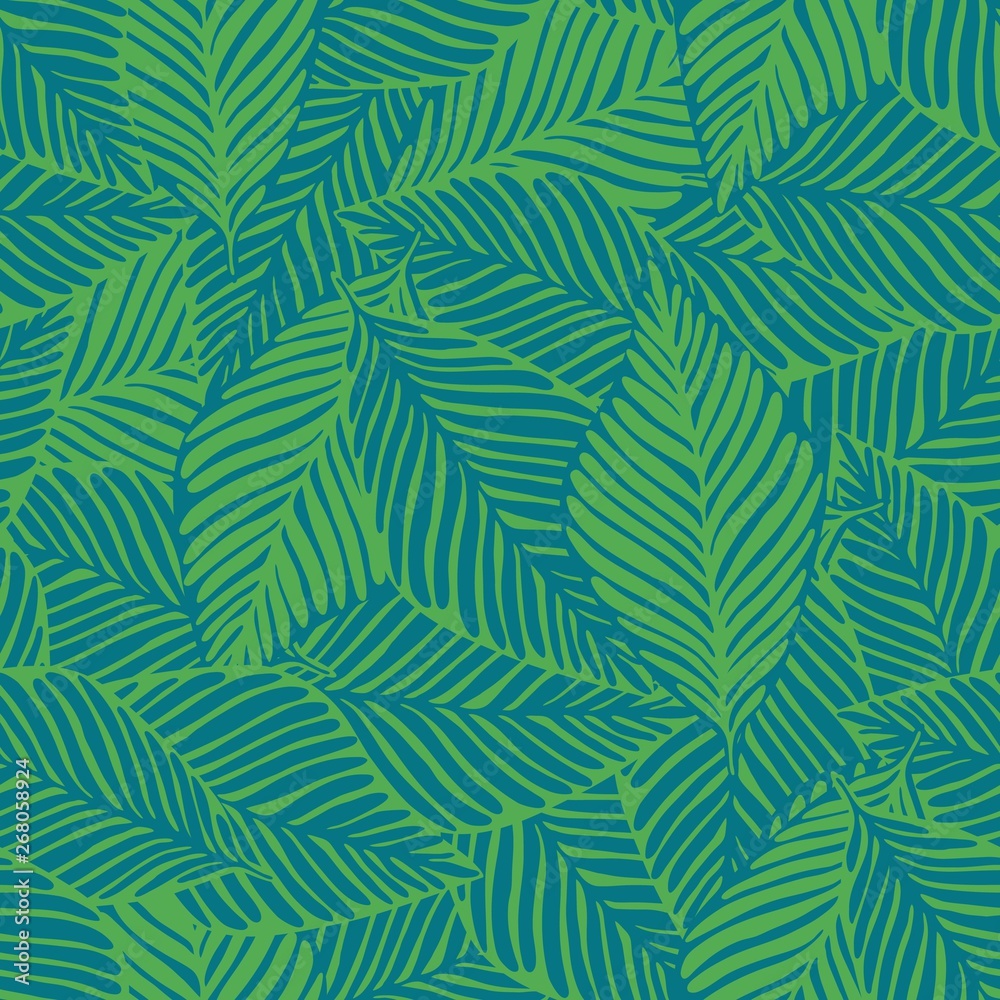 Abstract tropical pattern, palm leaves seamless floral background.