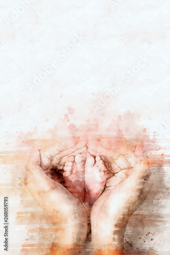digital watercolor painting of mother hand holding baby feet