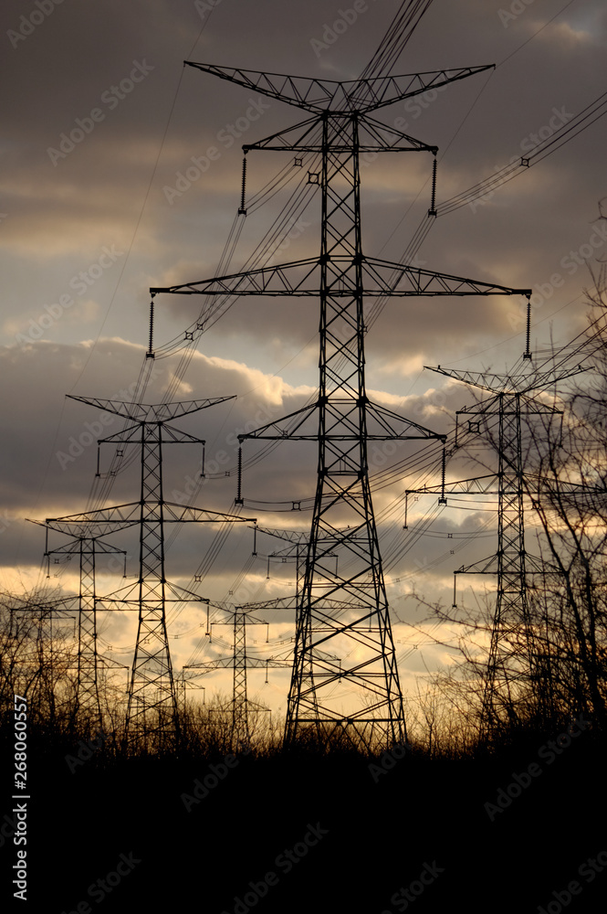 Power - Electricity Pylons and Lines at Sunset
