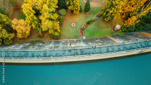 Fototapeta Naklejka Na Ścianę i Meble -  Aerial View of Autumn Gardens and Dam D