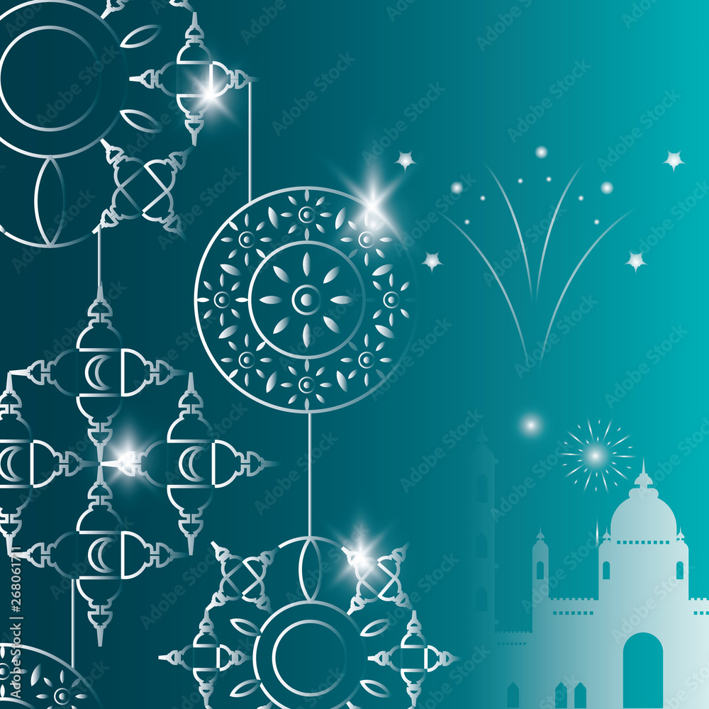 ramadan kareem mosque building with fireworks and mandala ramadan kareem mosque building with fireworks and mandala
