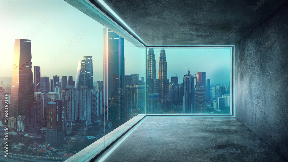 Empty loft unfurnished contemporary interior office with city skyline and buildings city from glass window . Empty loft unfurnished contemporary interior office with city skyline and buildings city from glass window .
