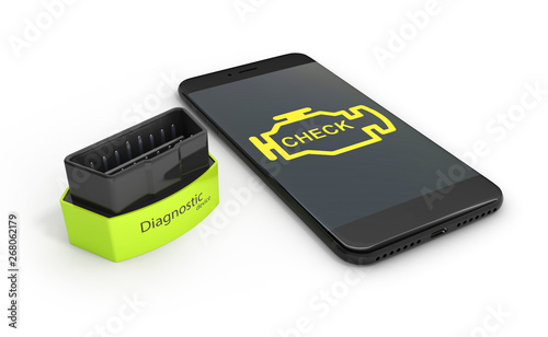Car diagnostic concept Close up of OBD2 wireless scanner with smartphone on white background 3d illustration photo