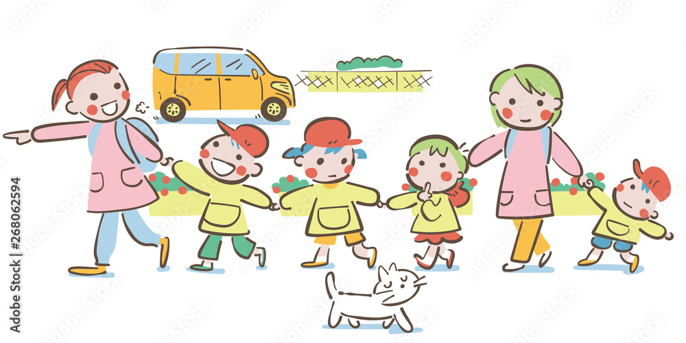 先生まはた保育士と手をつないでお散歩する笑顔の保育園児または幼稚園児