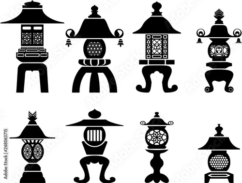 Set of icons of traditional Japanese decorative lanterns for interior made of metal