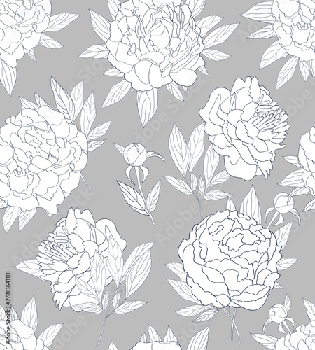 Seamless repeat pattern with sophisticated peonies and leaves outline on a soft gray background