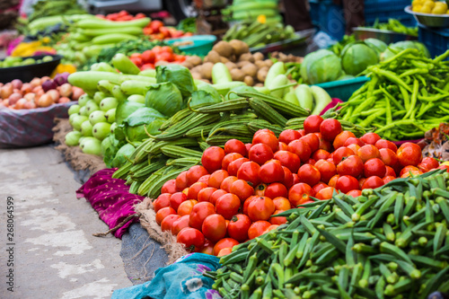 Food market with various colorful fresh vegetables