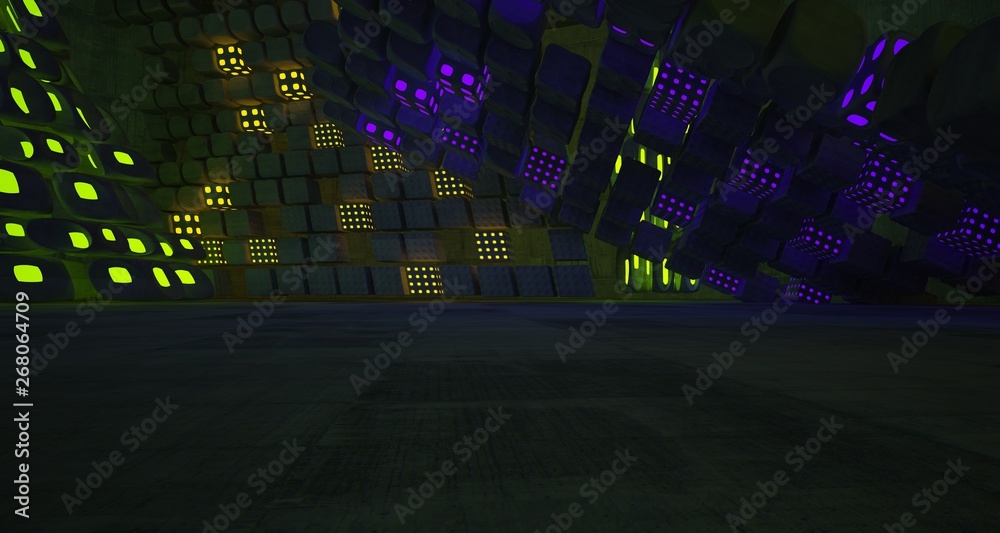 Abstract  Concrete Futuristic Sci-Fi interior With Green And Violet Glowing Neon Tubes . 3D illustration and rendering.