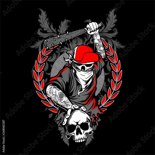 bandit skull in hipster cap and skeleton hands holding crossed baseball bats isolated vector illustration - Vector