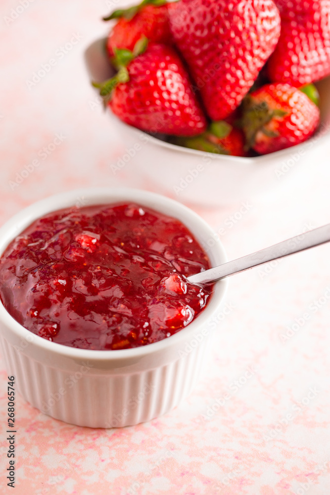Homemade Strawberry Jam in a White Bowl Homemade Strawberry Jam in a White Bowl