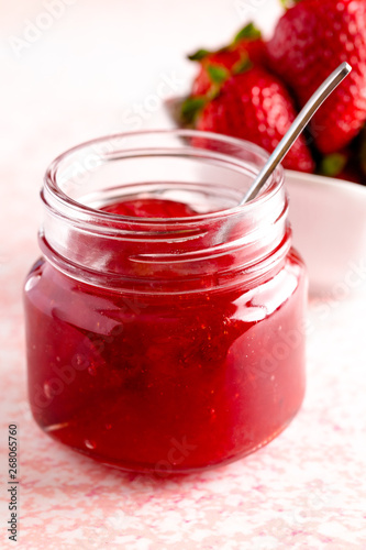 Fresh Homemade Strawberry Jam in Glass Canning Jar