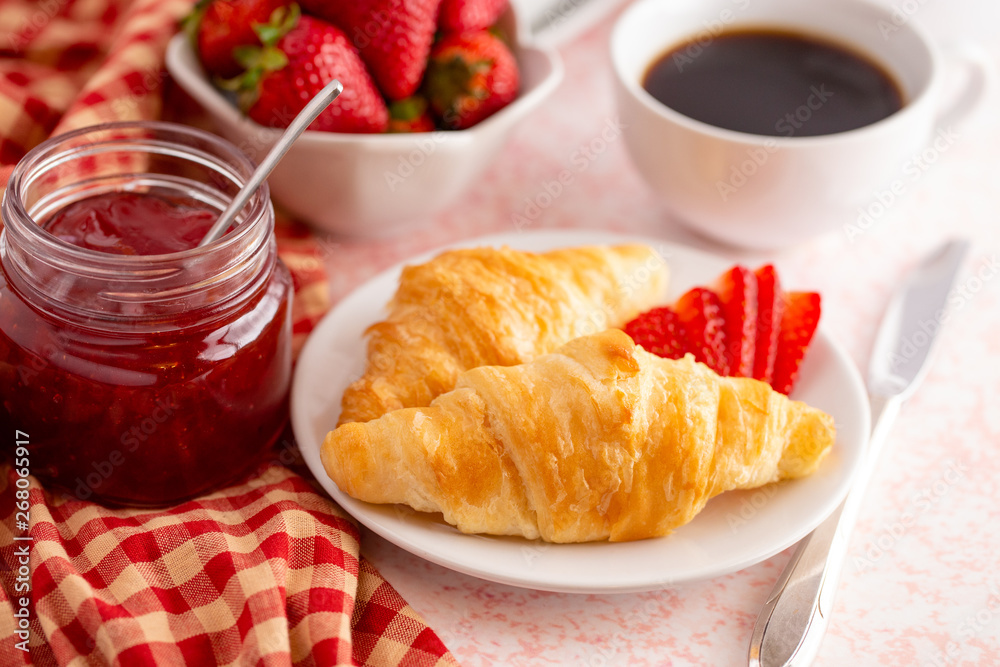 Table Set for Breakfast with Croissants Strawberries and Coffee Table Set for Breakfast with Croissants Strawberries and Coffee